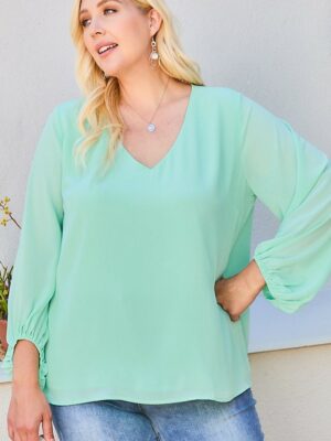 V Neck Bubble Sleeve Solid Top Tops