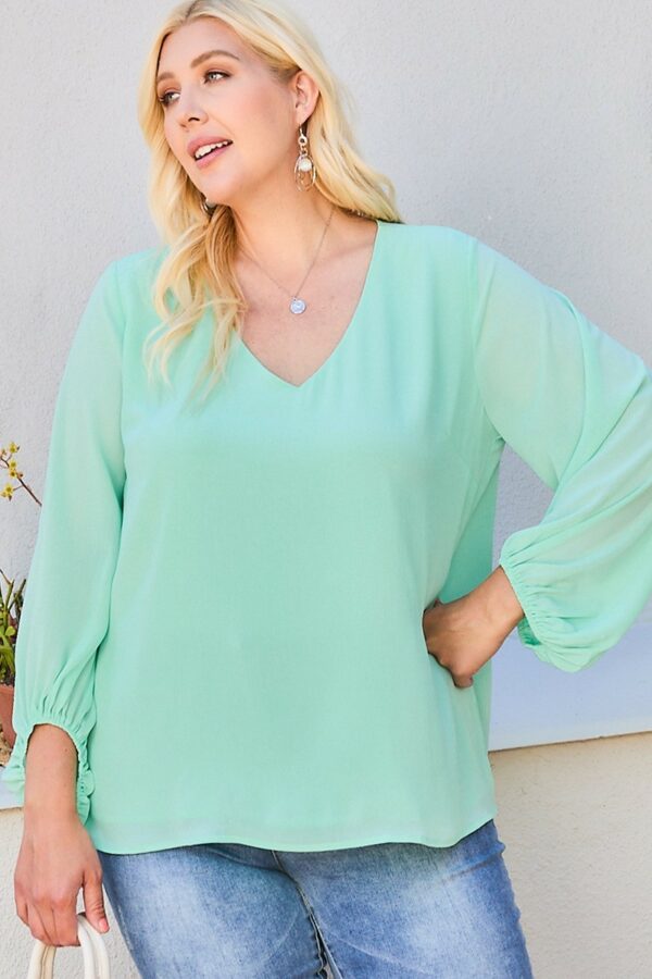 V Neck Bubble Sleeve Solid Top Tops