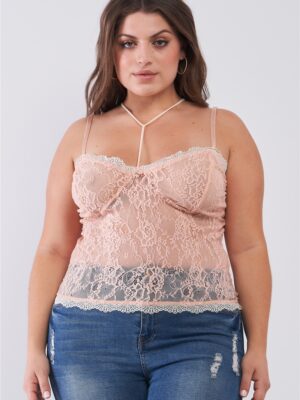 Plus Size Sleeveless Sheer Lace Halter Neck Detail Bustier Top Tops