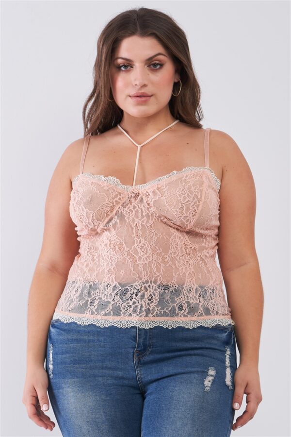 Plus Size Sleeveless Sheer Lace Halter Neck Detail Bustier Top Tops