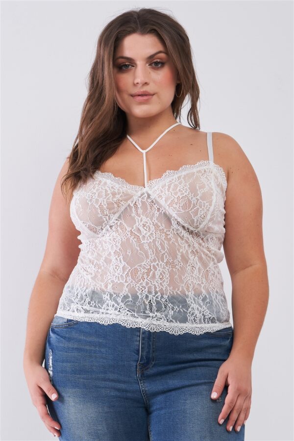 Plus Size Sleeveless Sheer Lace Halter Neck Detail Bustier Top Tops