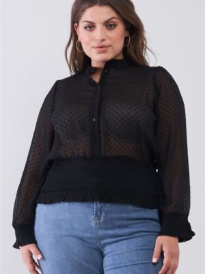 Plus Size Mesh Polka Dot Balloon Sleeve Button-down Smock Detail Blouse Top Tops