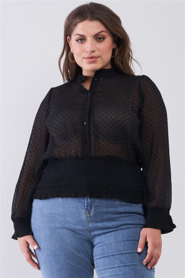 Plus Size Mesh Polka Dot Balloon Sleeve Button-down Smock Detail Blouse Top Tops