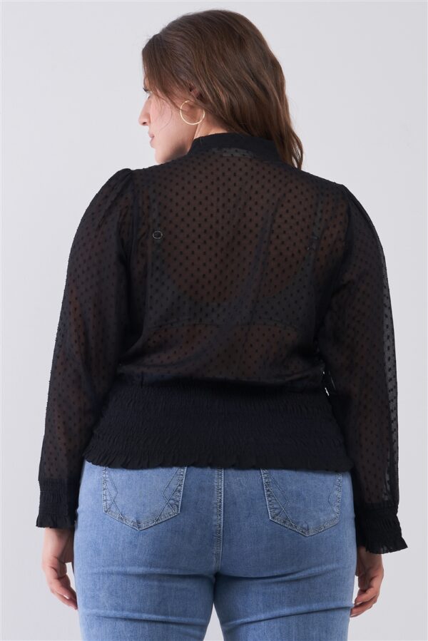 Plus Size Mesh Polka Dot Balloon Sleeve Button-down Smock Detail Blouse Top Tops