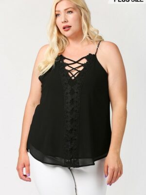 Plunging V-neckline Lattice Top With Scalloped Lace Tops