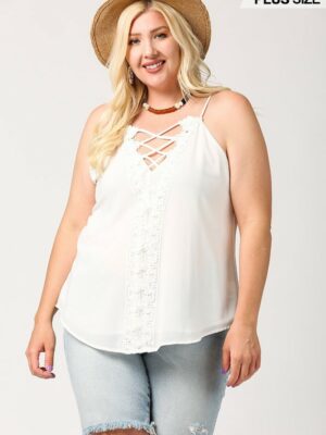 Plunging V-neckline Lattice Top With Scalloped Lace Tops