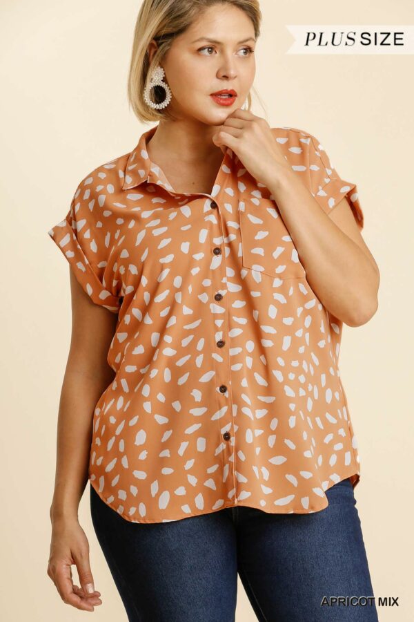 V-neck Dalmatian Print Button Front Top With Pocket Detail Tops