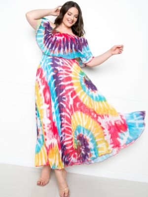 Tie Dye Off Shoulder Pleated Maxi Dress Dresses