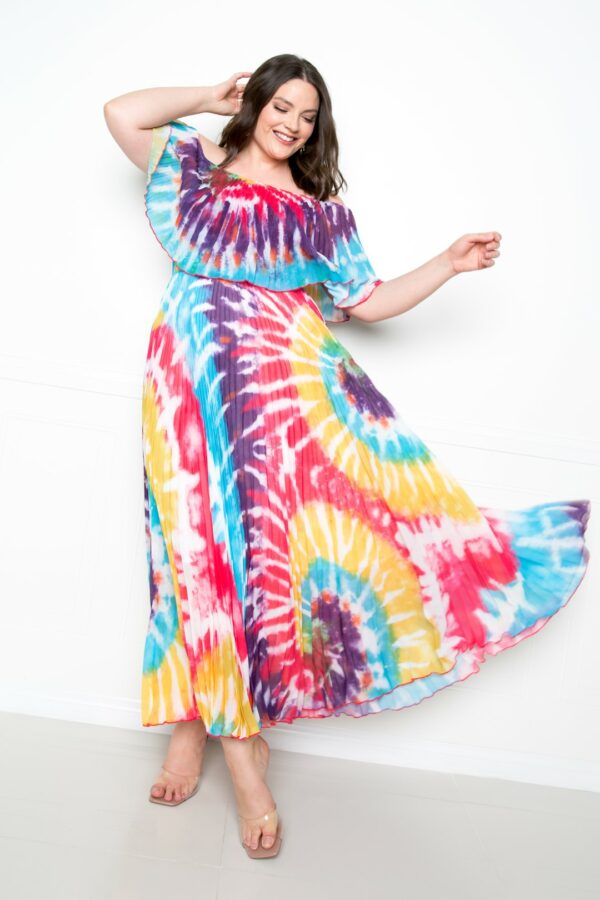 Tie Dye Off Shoulder Pleated Maxi Dress Dresses