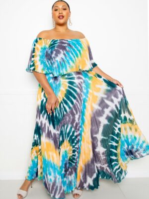 Tie Dye Off Shoulder Pleated Maxi Dress Dresses PLUS SIZE