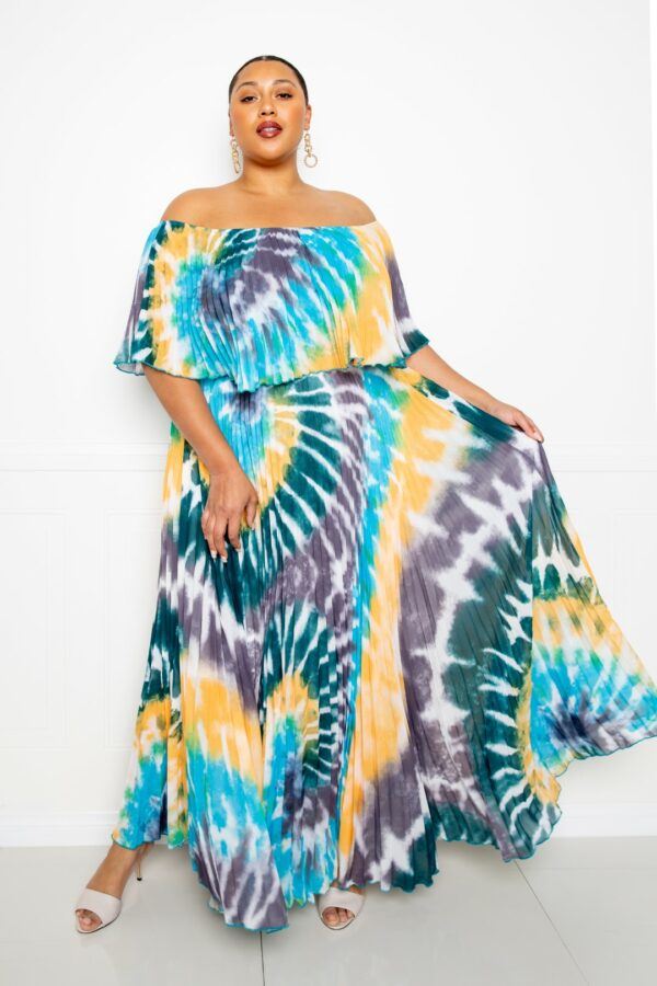 Tie Dye Off Shoulder Pleated Maxi Dress Dresses PLUS SIZE