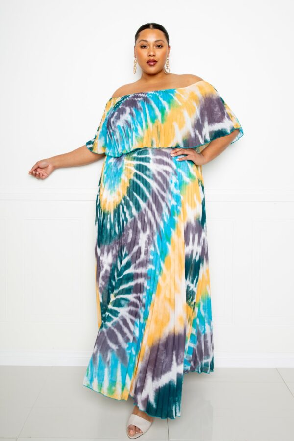 Tie Dye Off Shoulder Pleated Maxi Dress Dresses PLUS SIZE