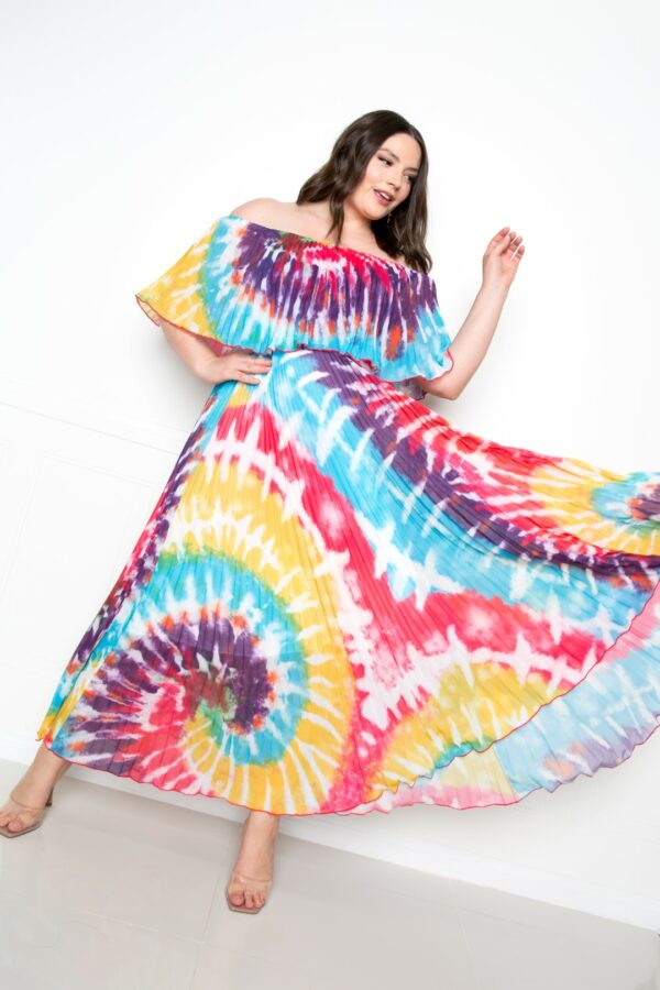 Tie Dye Off Shoulder Pleated Maxi Dress Dresses