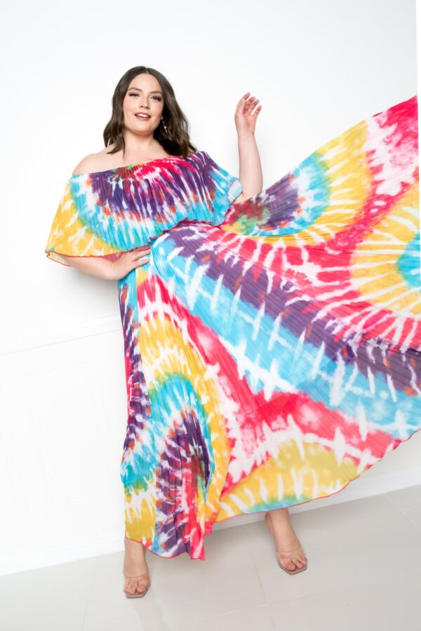 Tie Dye Off Shoulder Pleated Maxi Dress Dresses