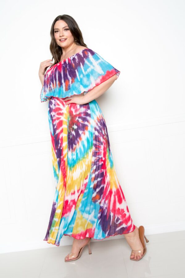 Tie Dye Off Shoulder Pleated Maxi Dress Dresses