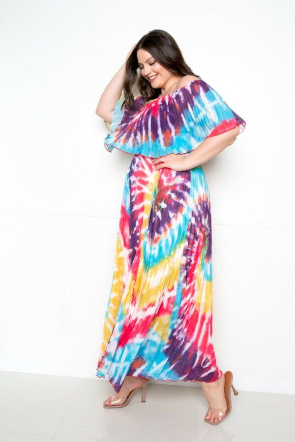 Tie Dye Off Shoulder Pleated Maxi Dress Dresses