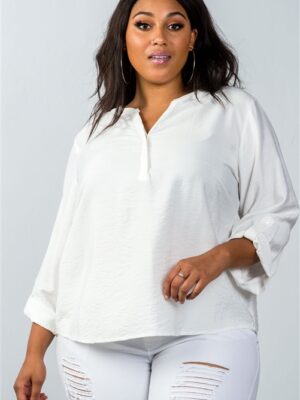 Plus Size Oatmeal Stand-up Collar Roll Tab Sleeve Blouse Tops