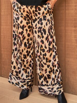 Plus Taupe Combo Leopard Print Satin High-waisted Wide Leg Pants Bottoms