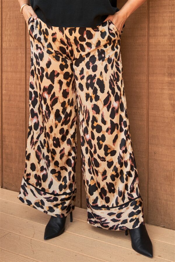 Plus Taupe Combo Leopard Print Satin High-waisted Wide Leg Pants Bottoms