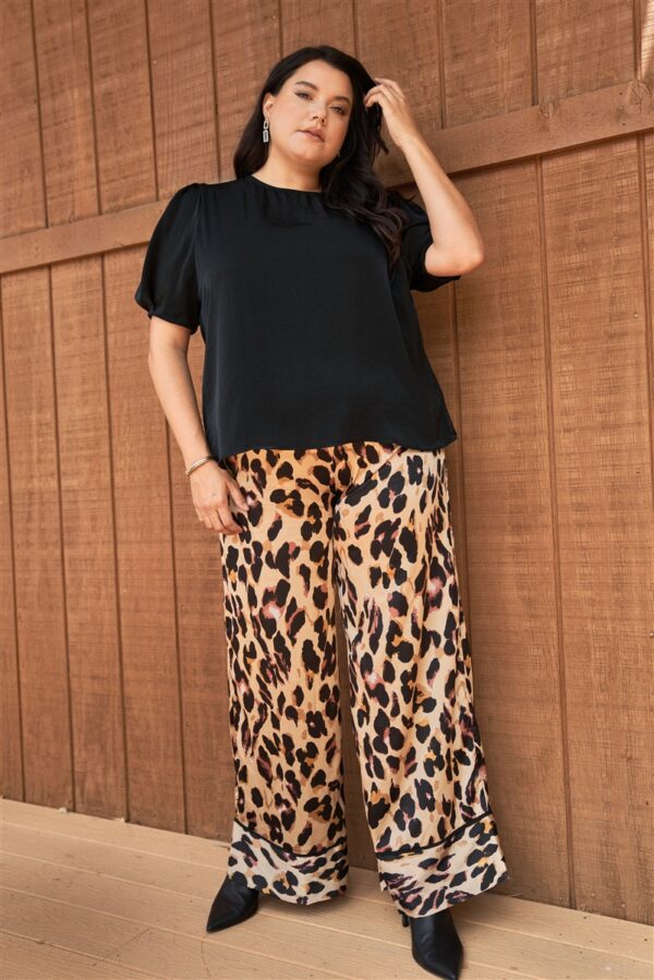 Plus Taupe Combo Leopard Print Satin High-waisted Wide Leg Pants Bottoms