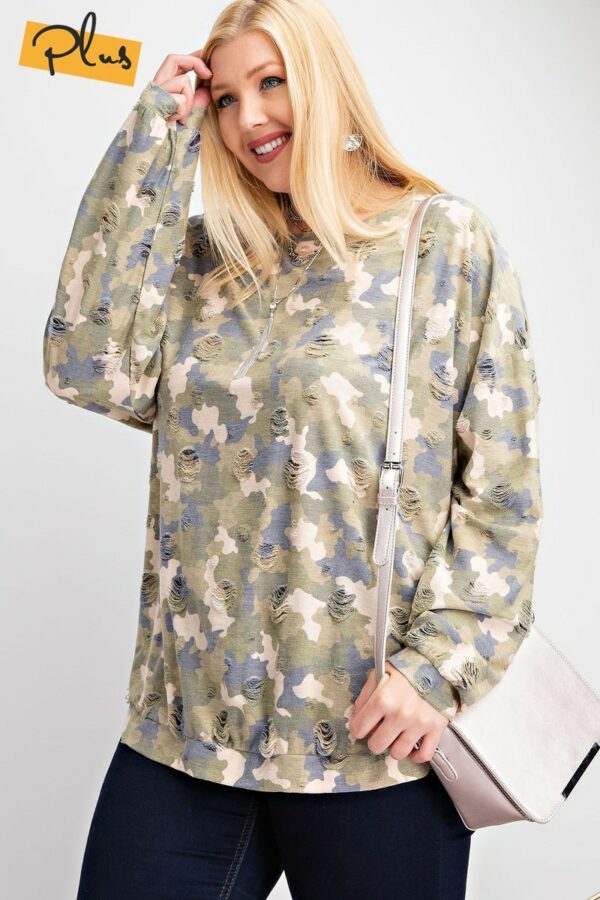 Plus Size Long Sleeve Distressed Printed Rayon Pullover Top Tops