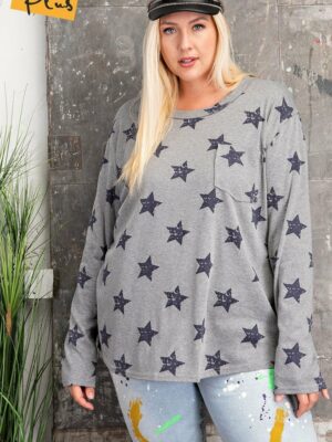 Plus Size Star Printed Poly Rayon Loose Fit Top Tops