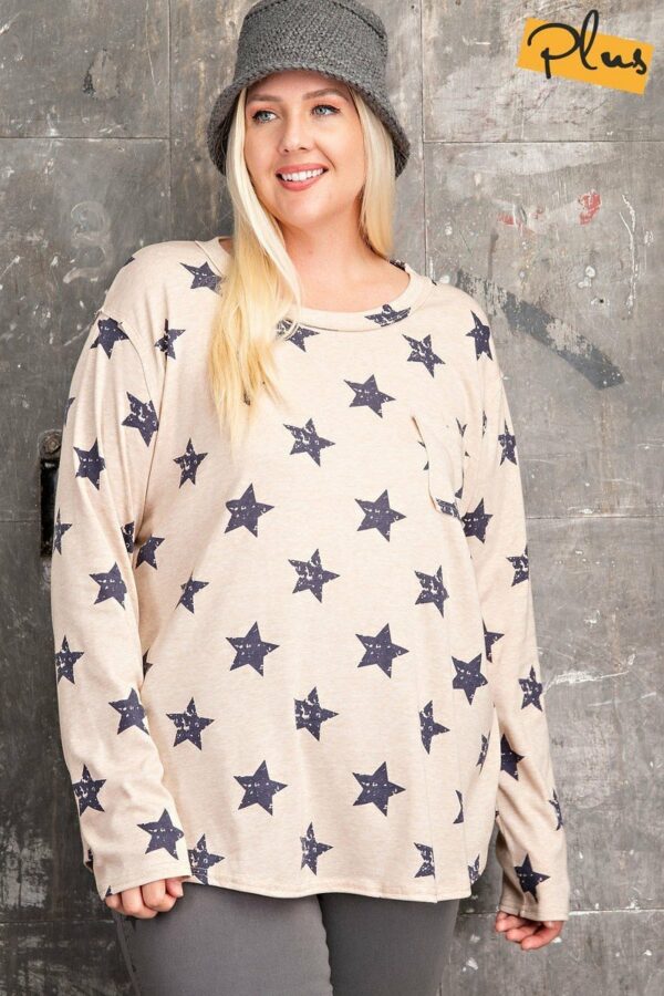 Plus Size Star Printed Poly Rayon Loose Fit Top Tops