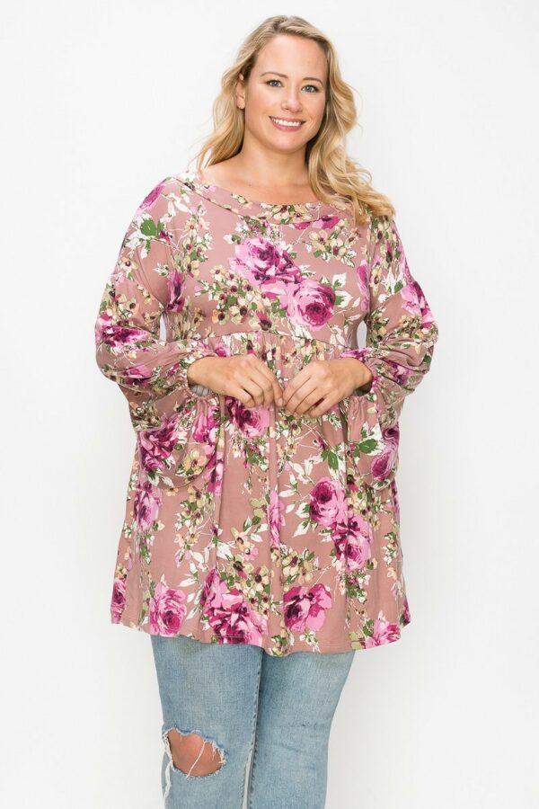 Floral, Bubble Sleeve Tunic Top Tops