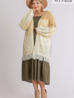 Patchwork Knitted Open Front Cardigan Sweater With Frayed Hem outerwear