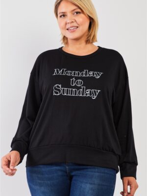 Black “monday Sunday” Print Long Sleeve Relaxed Sweatshirt Top Tops