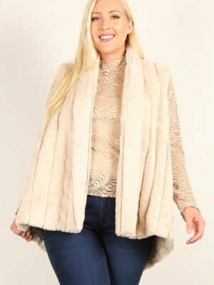 Plus Size Faux Fur Vest Jacket With Open Front, Hi-lo Hem, And Pockets outerwear