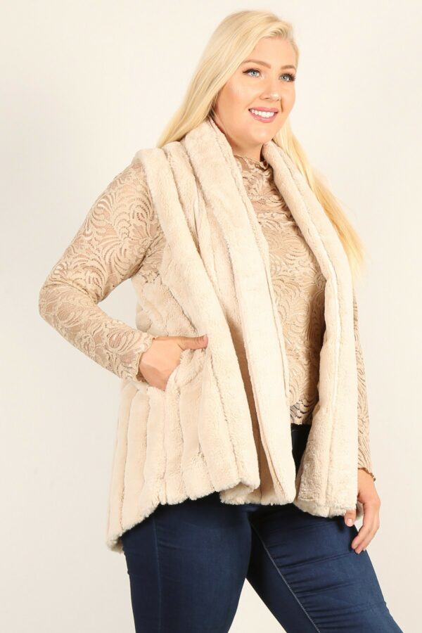 Plus Size Faux Fur Vest Jacket With Open Front, Hi-lo Hem, And Pockets outerwear