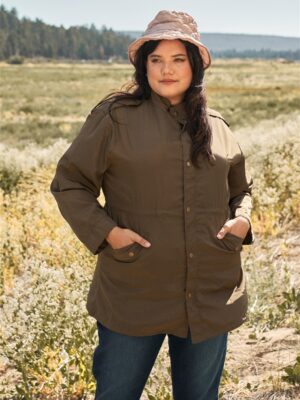 Plus Size Glossy Drawstring Hem Button-down Coach Jacket outerwear