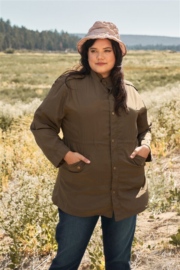 Plus Size Glossy Drawstring Hem Button-down Coach Jacket outerwear