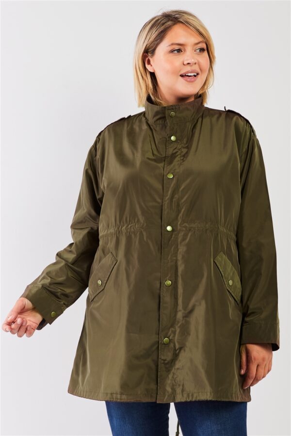 Plus Size Glossy Drawstring Hem Button-down Coach Jacket outerwear