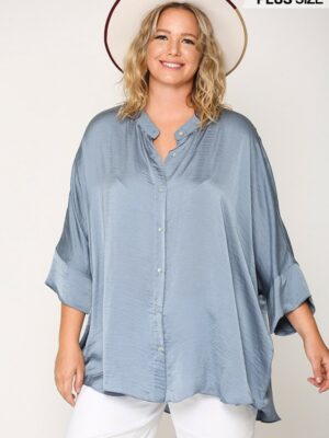 Washed Satin Button Down Loose Fit Top With Hi-lo Hem Tops