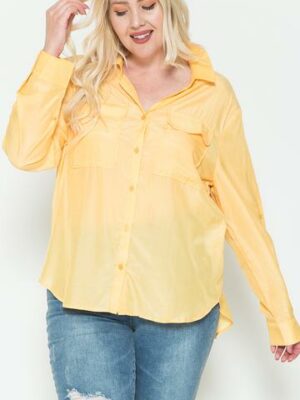 Plus Size Chest Pocket Oversized Satin Shirt Tops