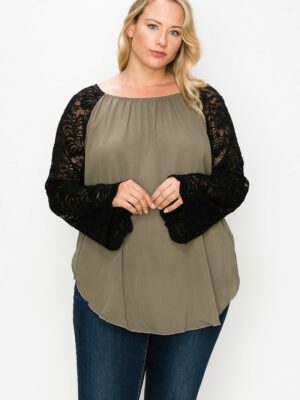 Solid Top Featuring Flattering Lace Bell Sleeves Tops