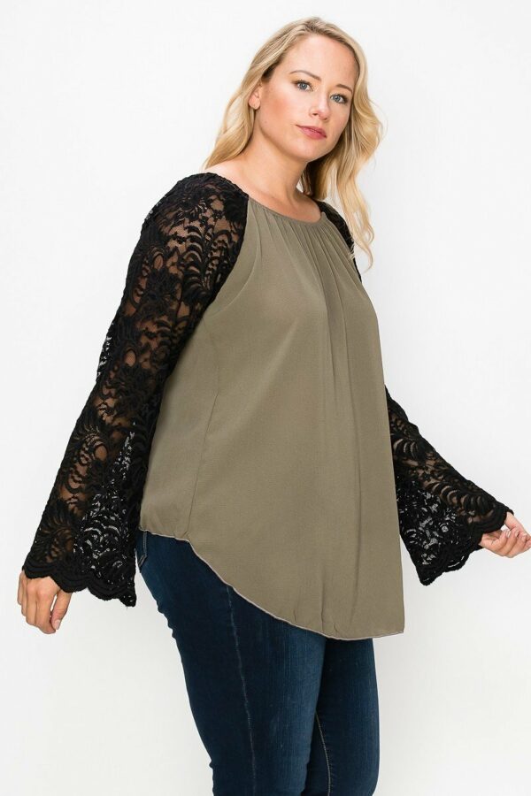 Solid Top Featuring Flattering Lace Bell Sleeves Tops