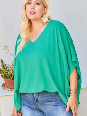 V Neck Dolman Sleeves Front Waist Elastic Solid Top Tops