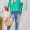 V Neck Dolman Sleeves Front Waist Elastic Solid Top Tops