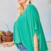 V Neck Dolman Sleeves Front Waist Elastic Solid Top Tops