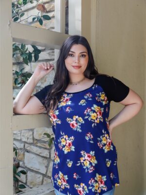 Plus Floral Print & Ribbed Black Colorblock Top Tops