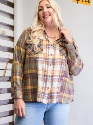 Plaid Mix Button Down Shirt Tops