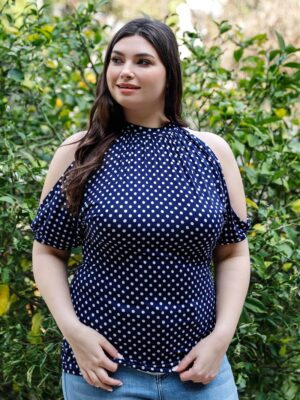 Plus Polka Dot Cold Shoulder Short Sleeve Back Self-tie Top Tops