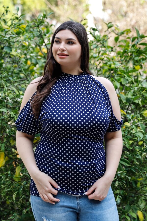 Plus Polka Dot Cold Shoulder Short Sleeve Back Self-tie Top Tops