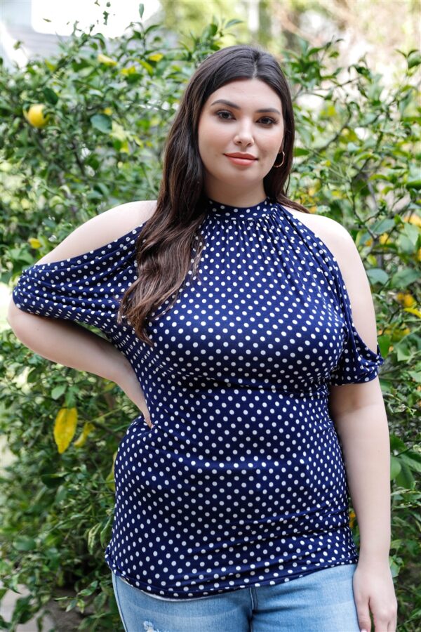 Plus Polka Dot Cold Shoulder Short Sleeve Back Self-tie Top Tops