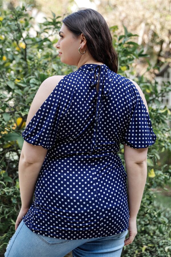 Plus Polka Dot Cold Shoulder Short Sleeve Back Self-tie Top Tops