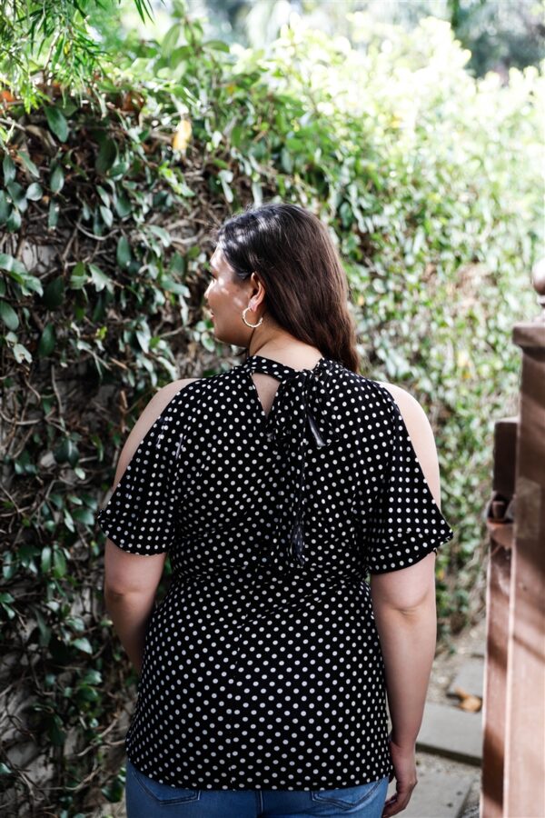 Plus Polka Dot Cold Shoulder Short Sleeve Back Self-tie Top Tops