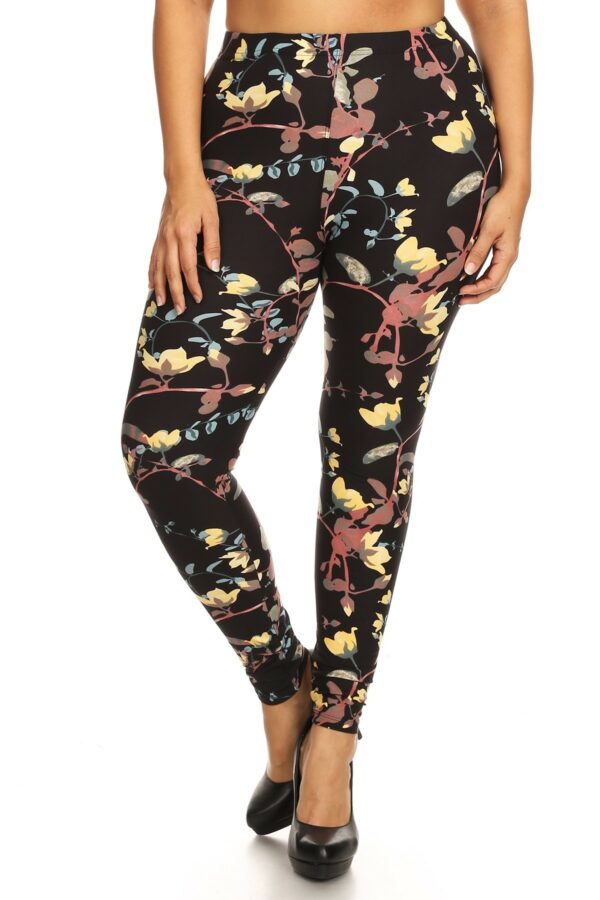 Plus Size Floral Print, Full Length Leggings In A Slim Fitting Style With A … Bottoms